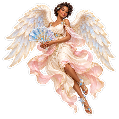 Winged Angel with Pink Dress and Folding Fan Vinyl Decal Stickers