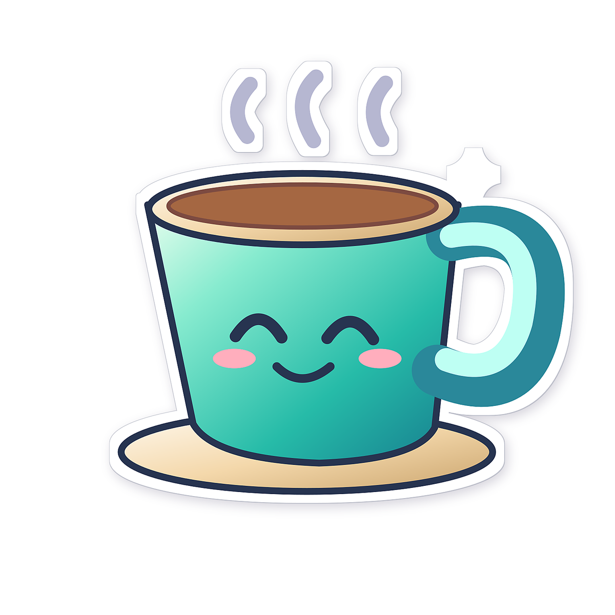 Smiling Teal Coffee Cup on Cream Saucer Art Vinyl Decal Stickers