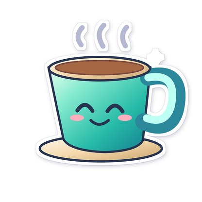 Smiling Teal Coffee Cup on Cream Saucer Art Vinyl Decal Stickers