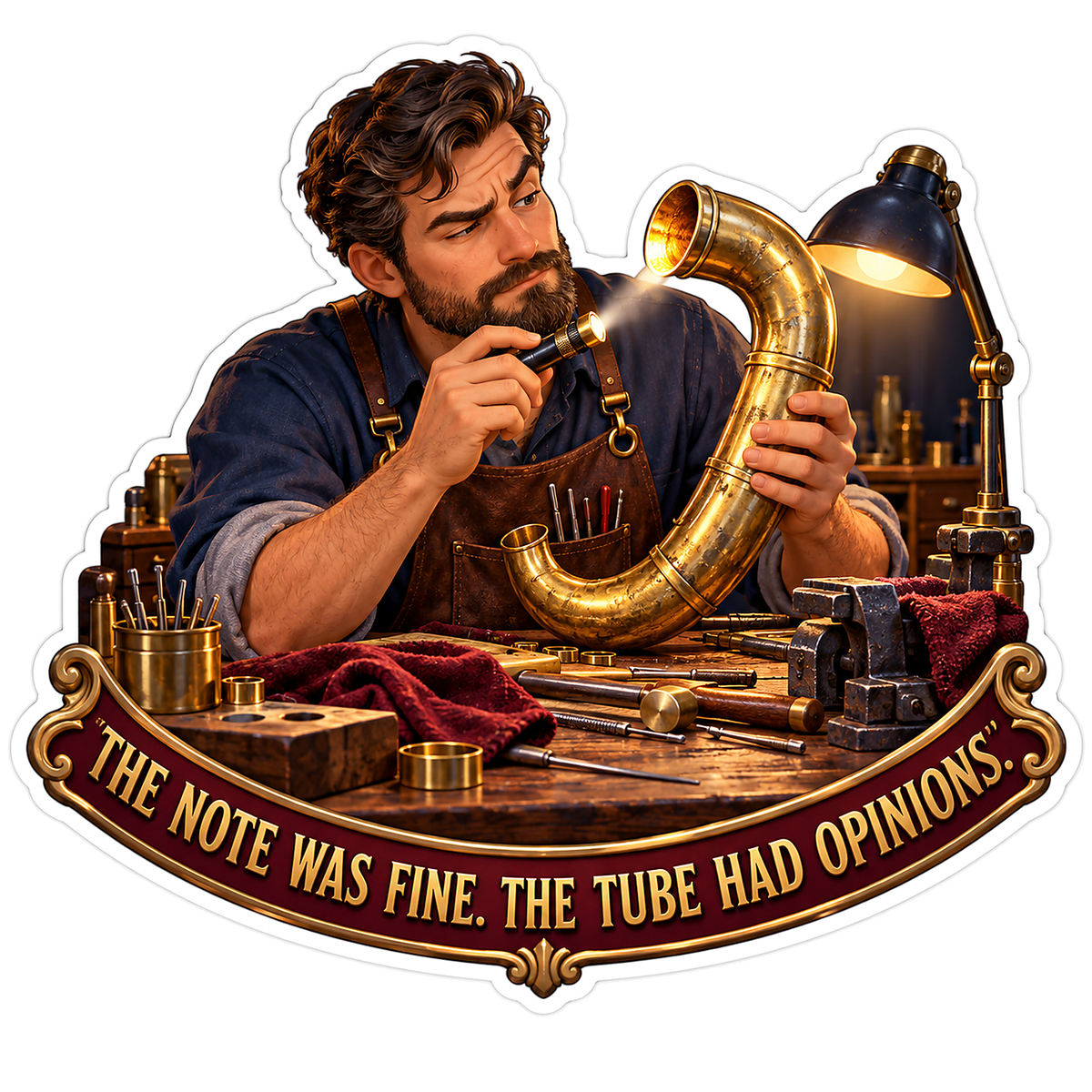 Man Inspecting Curved Brass Musical Tube Vinyl Decal Stickers
