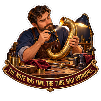 Man Inspecting Curved Brass Musical Tube Vinyl Decal Stickers