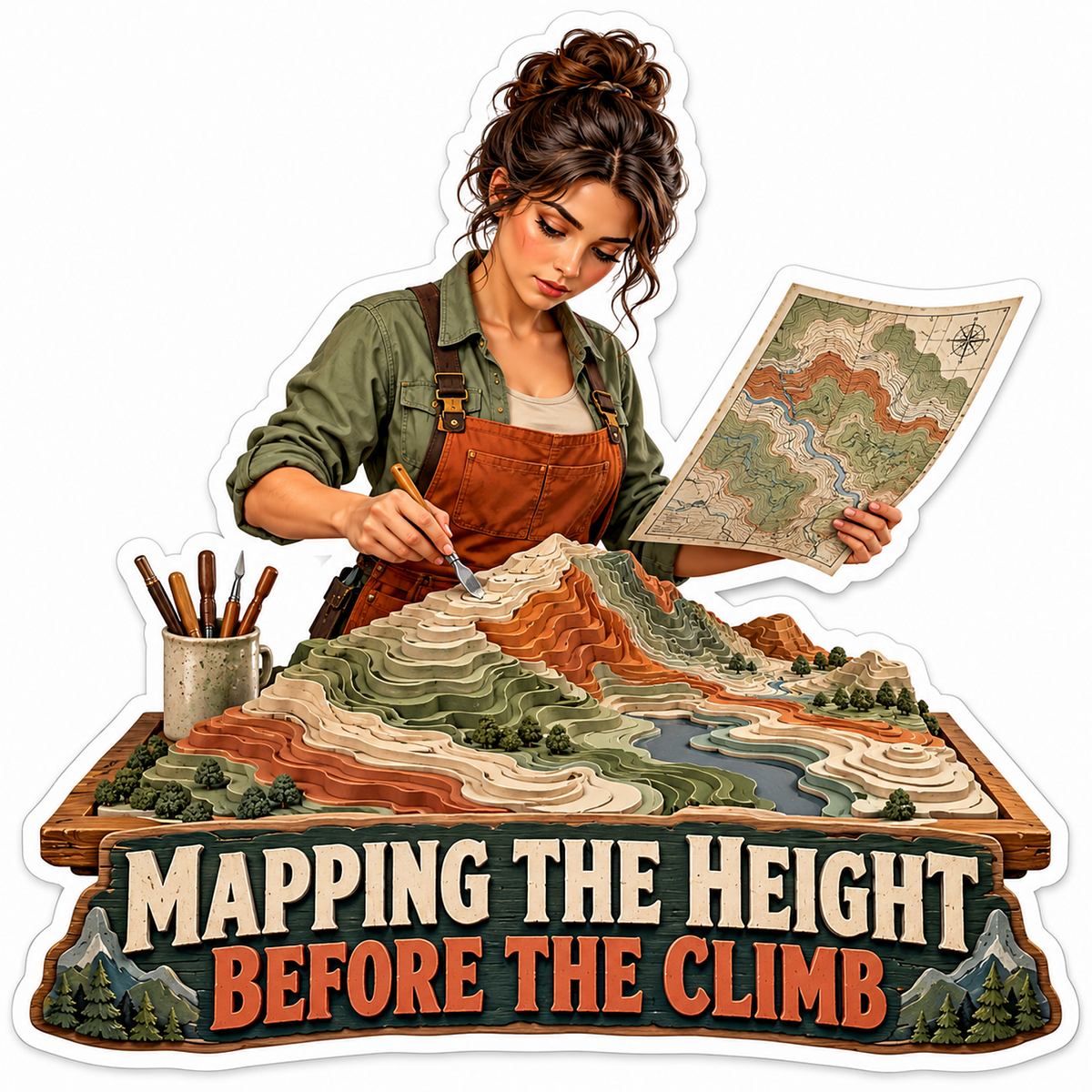 Mapmaker Sculpting a Layered Mountain Landscape Vinyl Decal Stickers