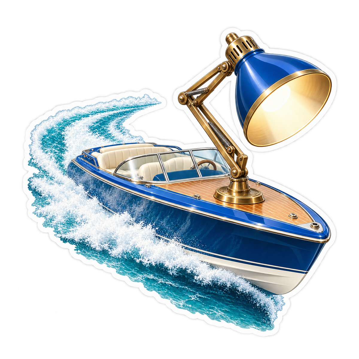 Blue Speedboat with Giant Desk Lamp Art Vinyl Decal Stickers
