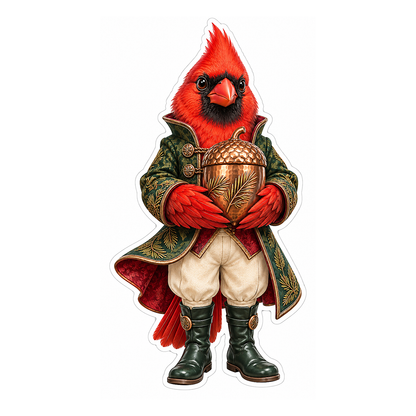 Cardinal in Green Coat Holding Gold Acorn Vinyl Decal Stickers