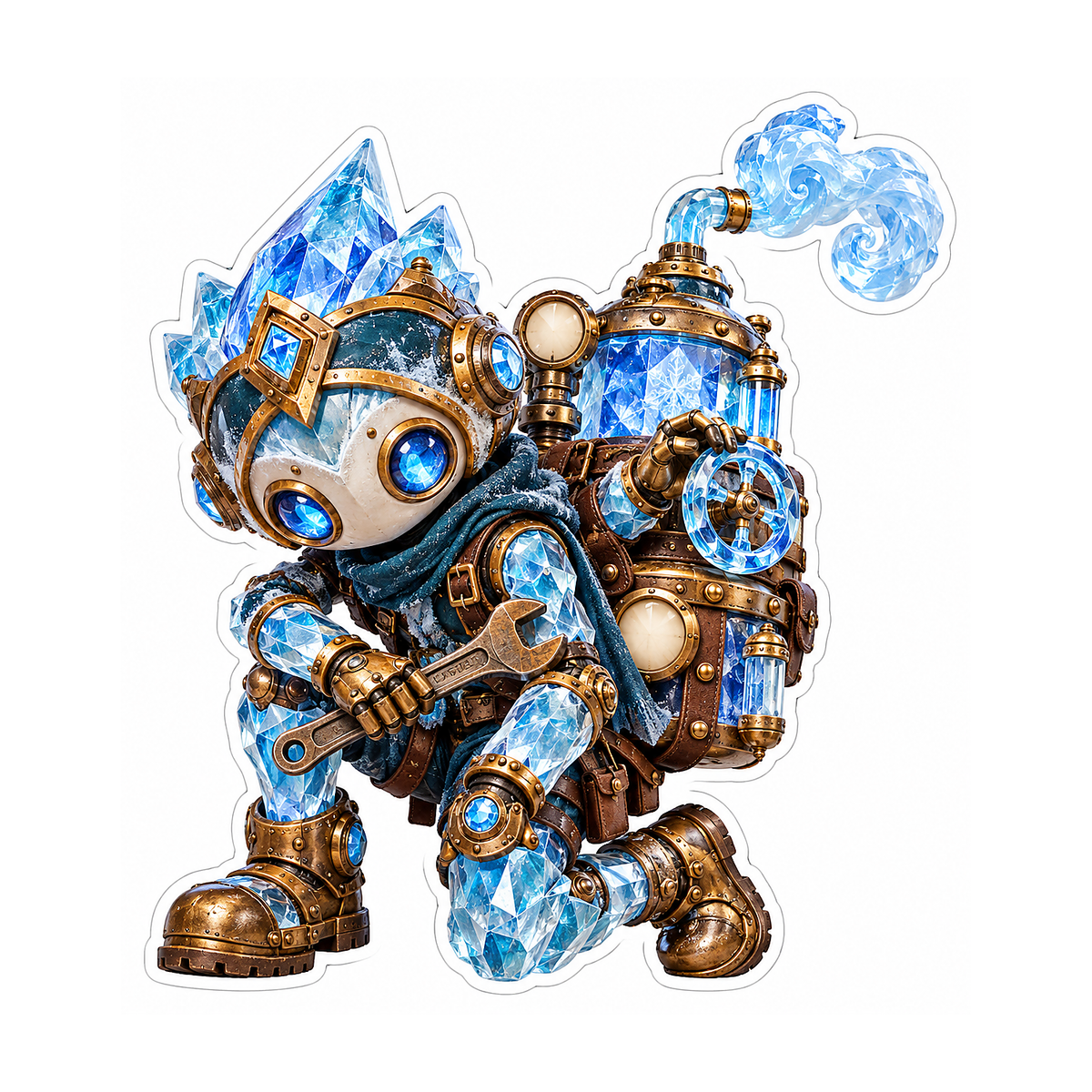 Brass Crystal Robot with Blue Backpack Vinyl Decal Stickers