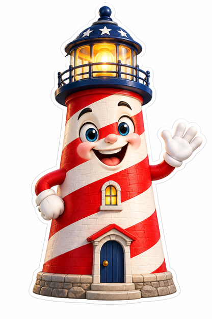 Smiling Red Striped Lighthouse with Star Roof Vinyl Decal Stickers