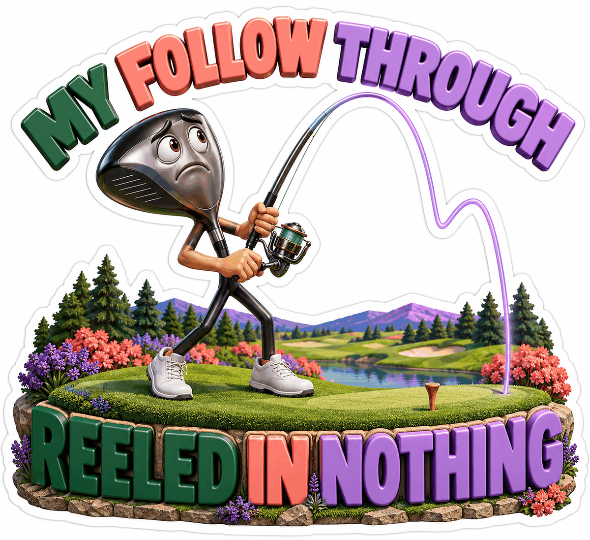 Golf Club Mascot with Fishing Rod Art Vinyl Decal Stickers