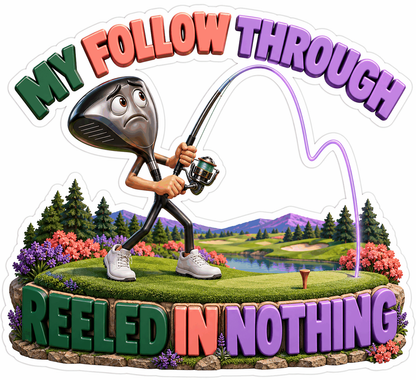 Golf Club Mascot with Fishing Rod Art Vinyl Decal Stickers