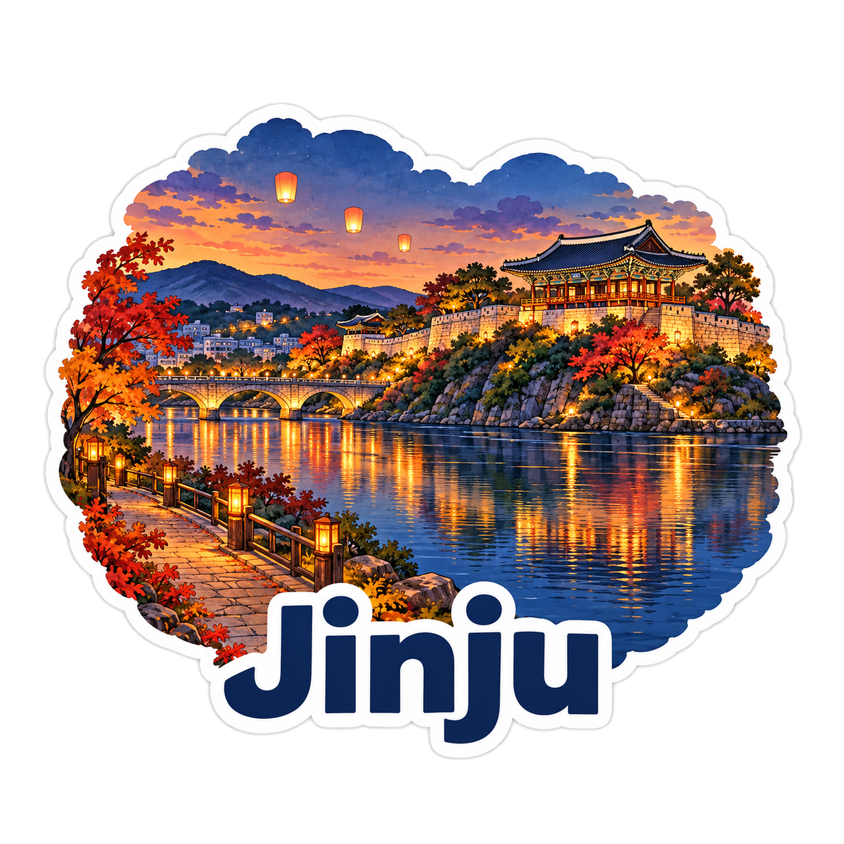 Jinju Lit Fortress and River with Sky Lanterns Vinyl Decal Stickers