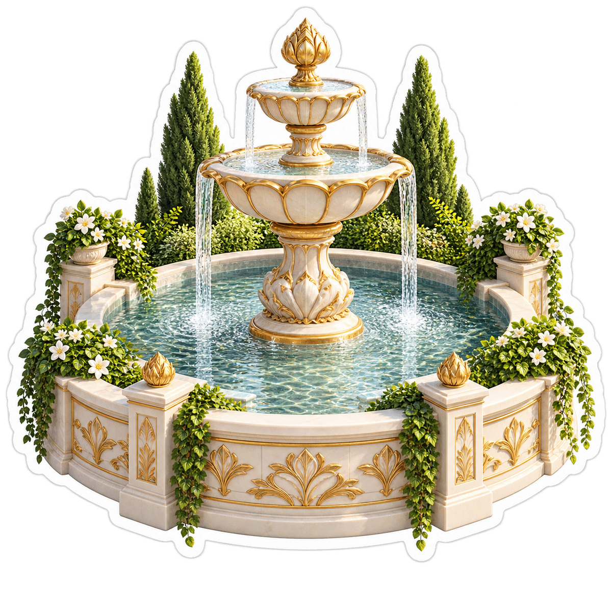 Cream Golden Fountain in Formal Garden Vinyl Decal Stickers