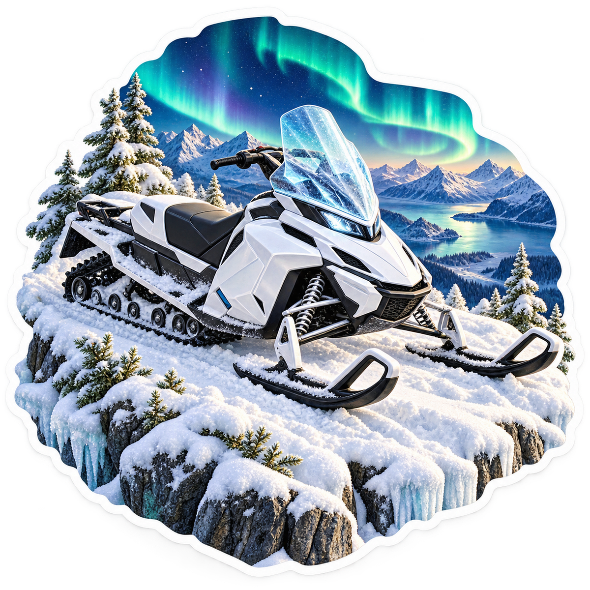 White Snowmobile beneath Mountain Aurora Vinyl Decal Stickers