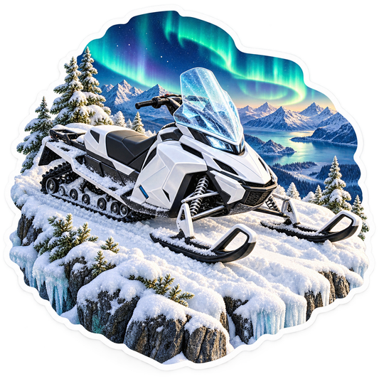 White Snowmobile beneath Mountain Aurora Vinyl Decal Stickers
