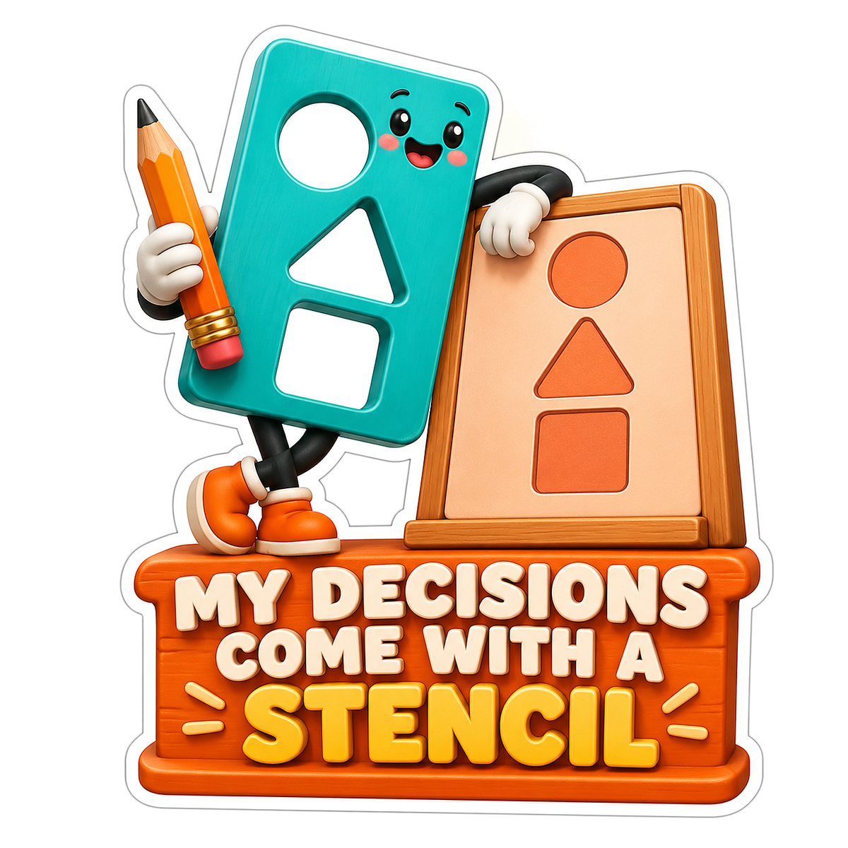 Teal Stencil Holding Pencil beside Shape Board Vinyl Decal Stickers