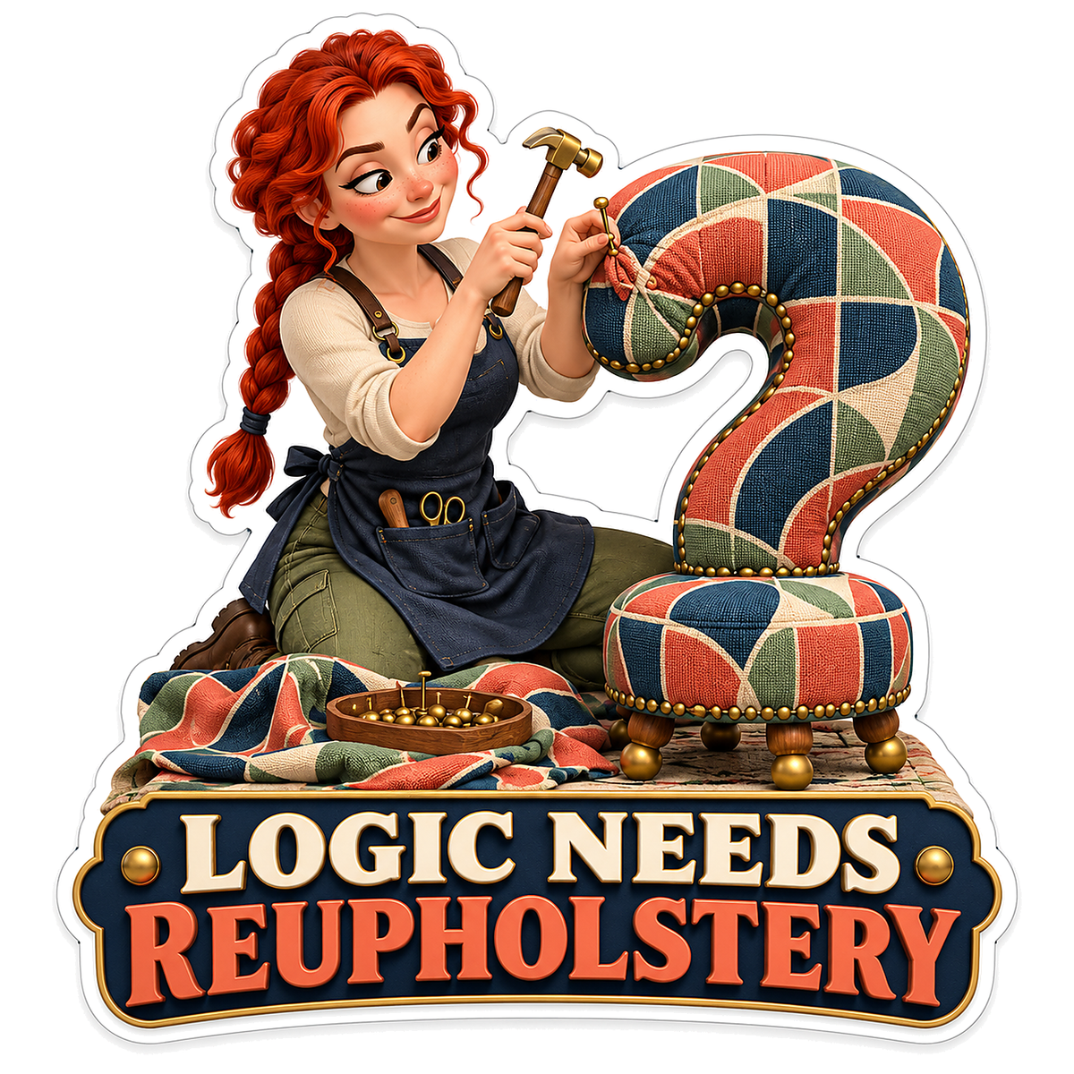 Red Haired Woman Upholstering a Question Mark Vinyl Decal Stickers