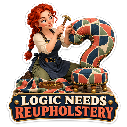 Red Haired Woman Upholstering a Question Mark Vinyl Decal Stickers