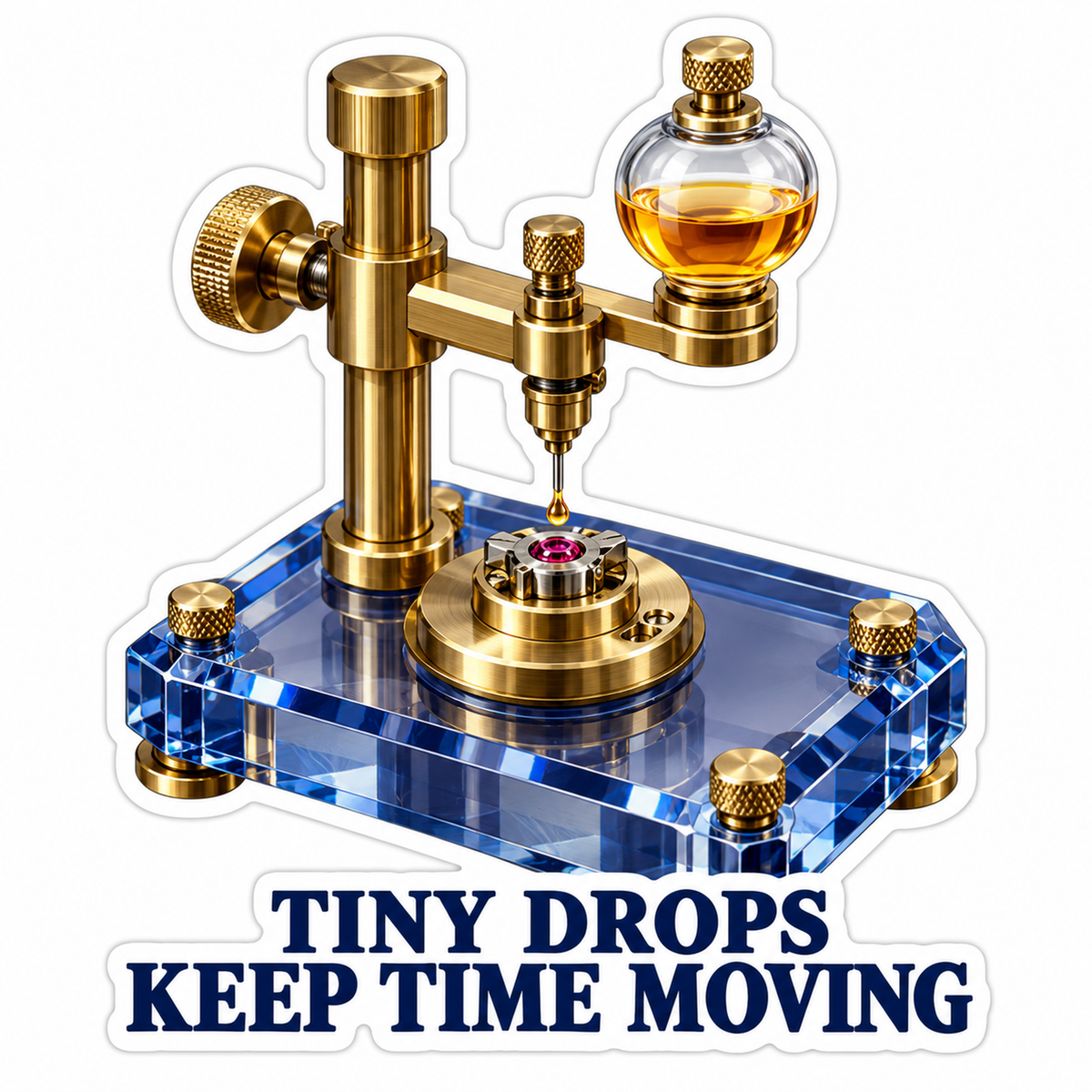 Brass Oil Dropper over Tiny Gear on Blue Base Vinyl Decal Stickers