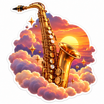 Gold Saxophone Among Peach Sunset Clouds Art Vinyl Decal Stickers