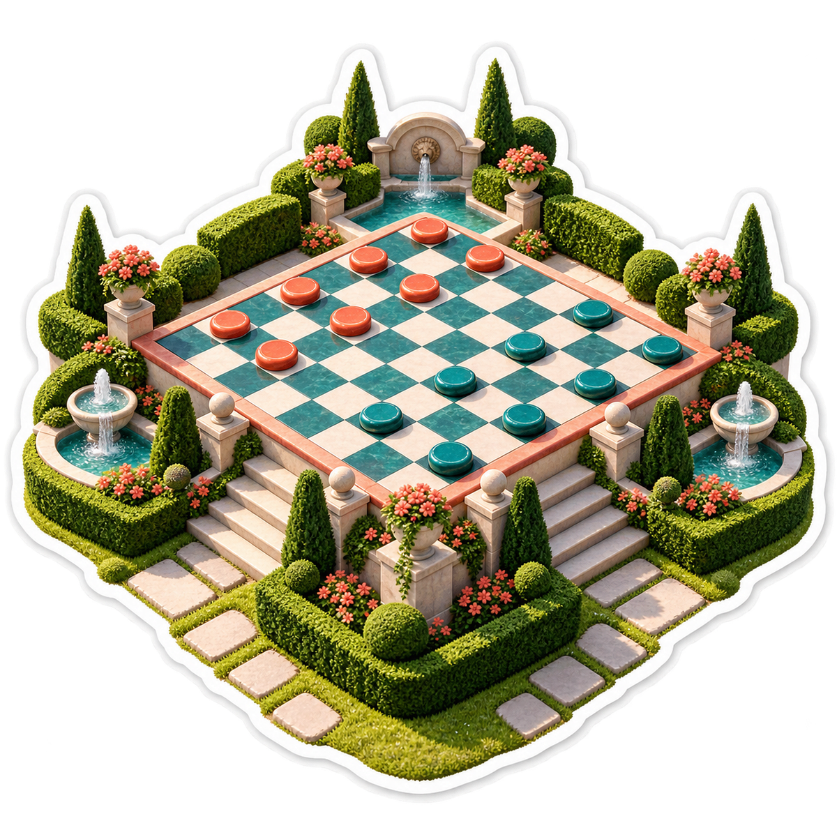 Coral Teal Checkers Board in Formal Garden Vinyl Decal Stickers