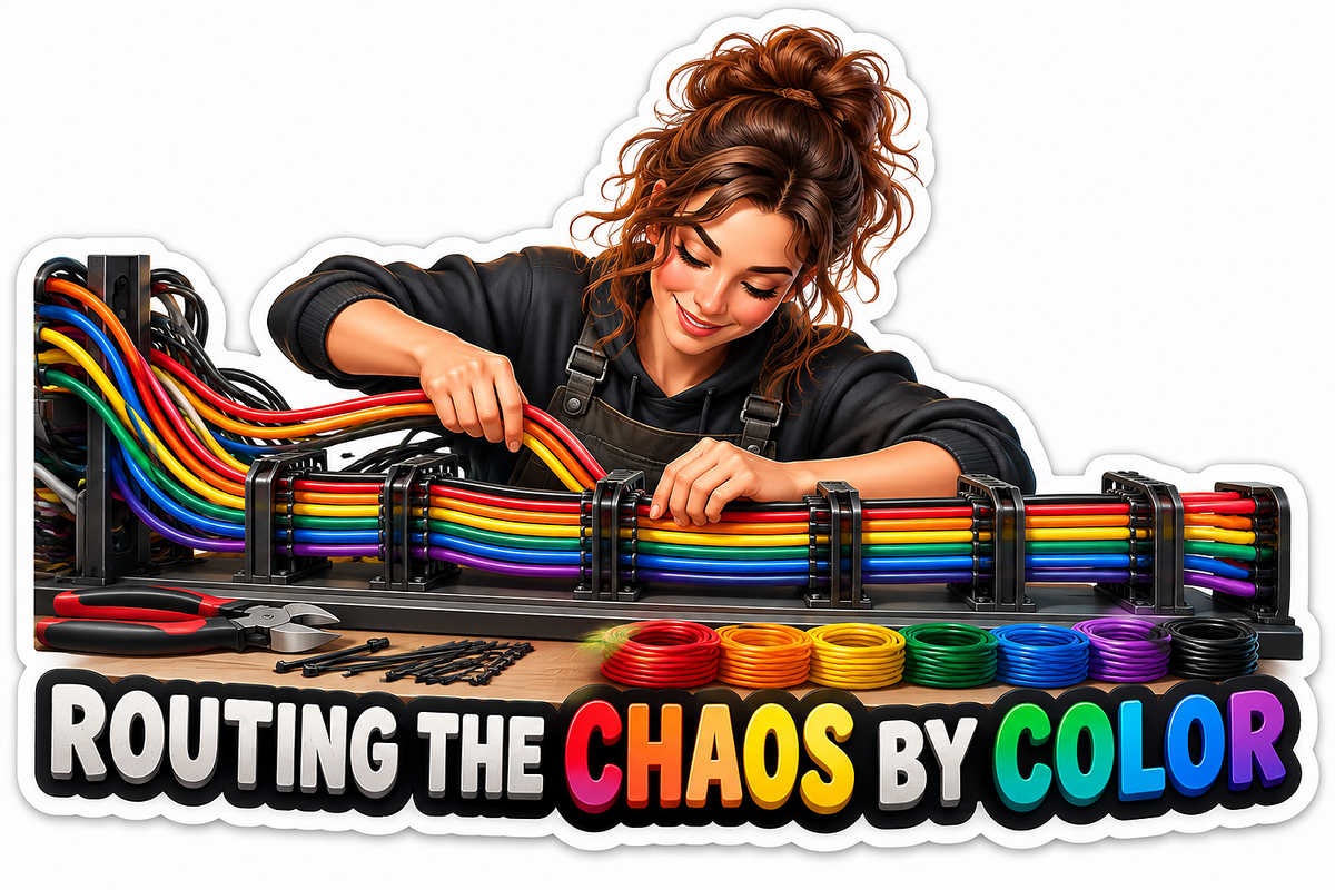 Woman Arranging Rainbow Wires at Workbench Vinyl Decal Stickers