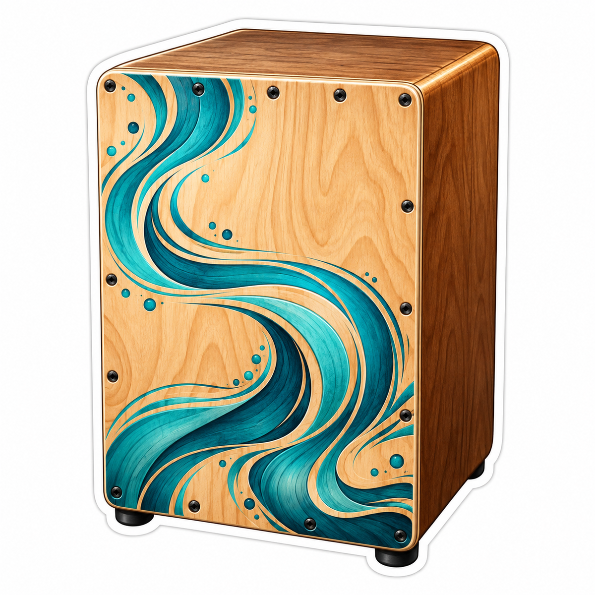 Wooden Cajon Drum with Teal Flowing Lines Art Vinyl Decal Stickers