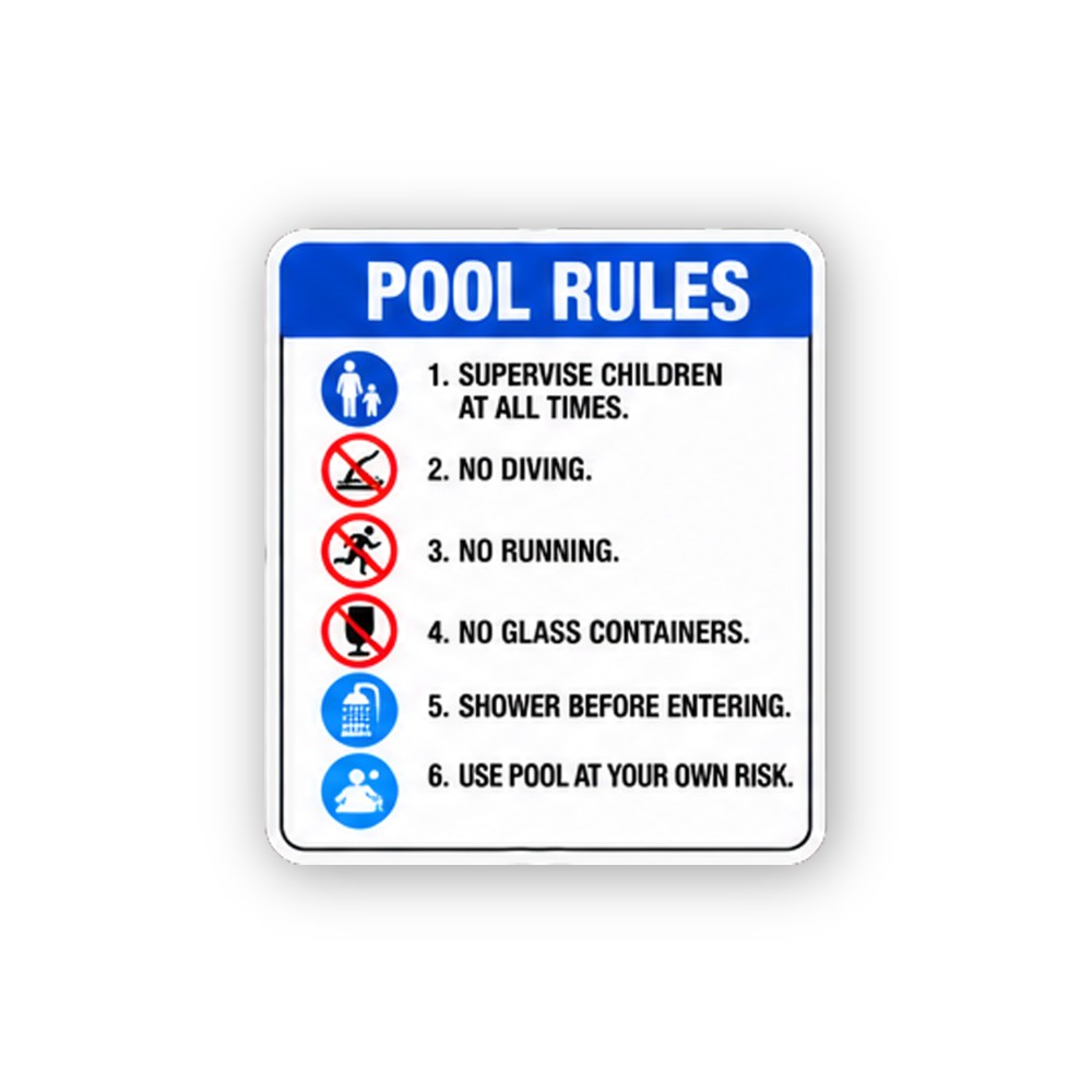 Blue Pool Rules Six Numbered Icons Portrait Vinyl Decal Stickers