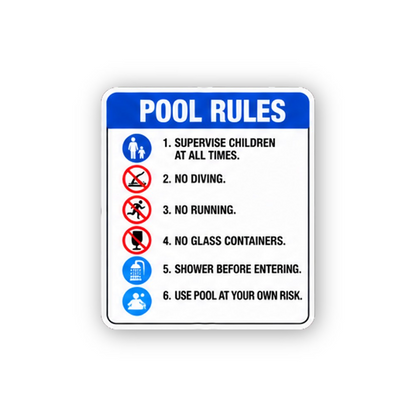 Blue Pool Rules Six Numbered Icons Portrait Vinyl Decal Stickers