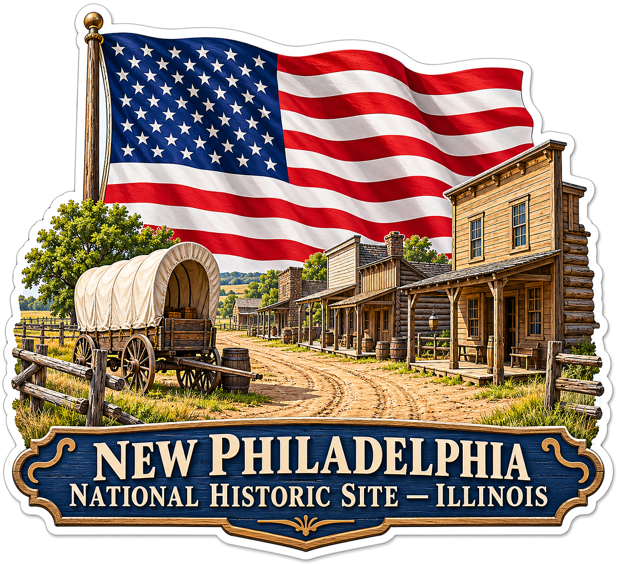 Illinois Historic Wagon Street US Flag Art Vinyl Decal Stickers