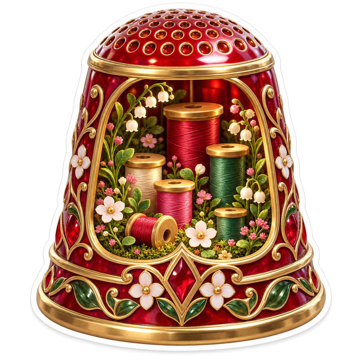 Red Floral Thimble with Colorful Thread Vinyl Decal Stickers