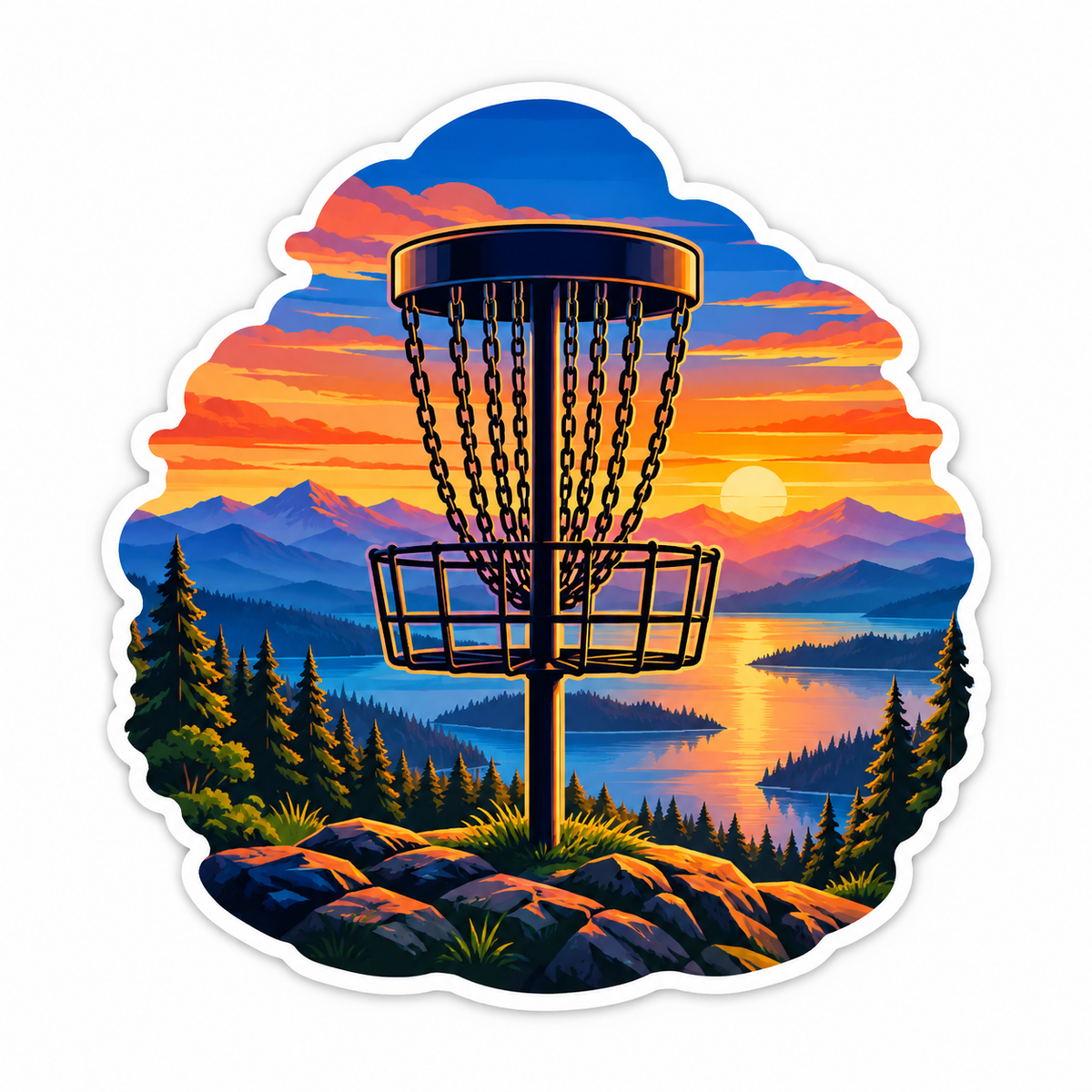 Disc Golf Basket Mountain Lake Sunset Art Vinyl Decal Stickers