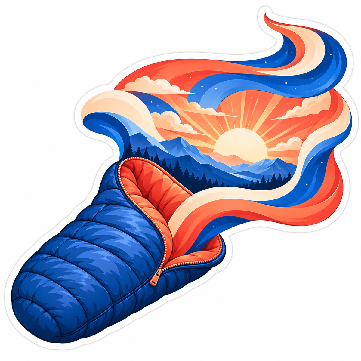 Blue Sleeping Bag With Mountain Sunrise Art Vinyl Decal Stickers