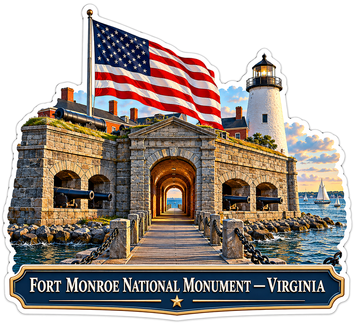 US Flag Stone Fort Gateway and Lighthouse Vinyl Decal Stickers
