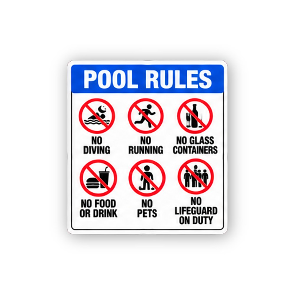 Blue Pool Rules Six Prohibition Icons Portrait Vinyl Decal Stickers