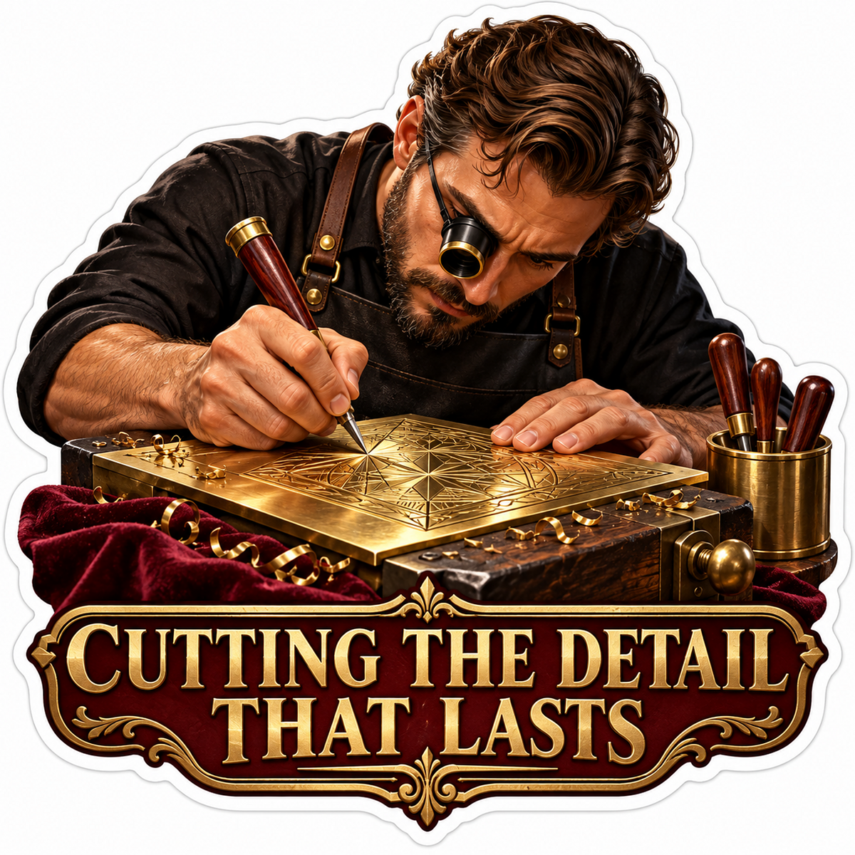 Man Engraving an Ornate Golden Metal Plate Vinyl Decal Stickers