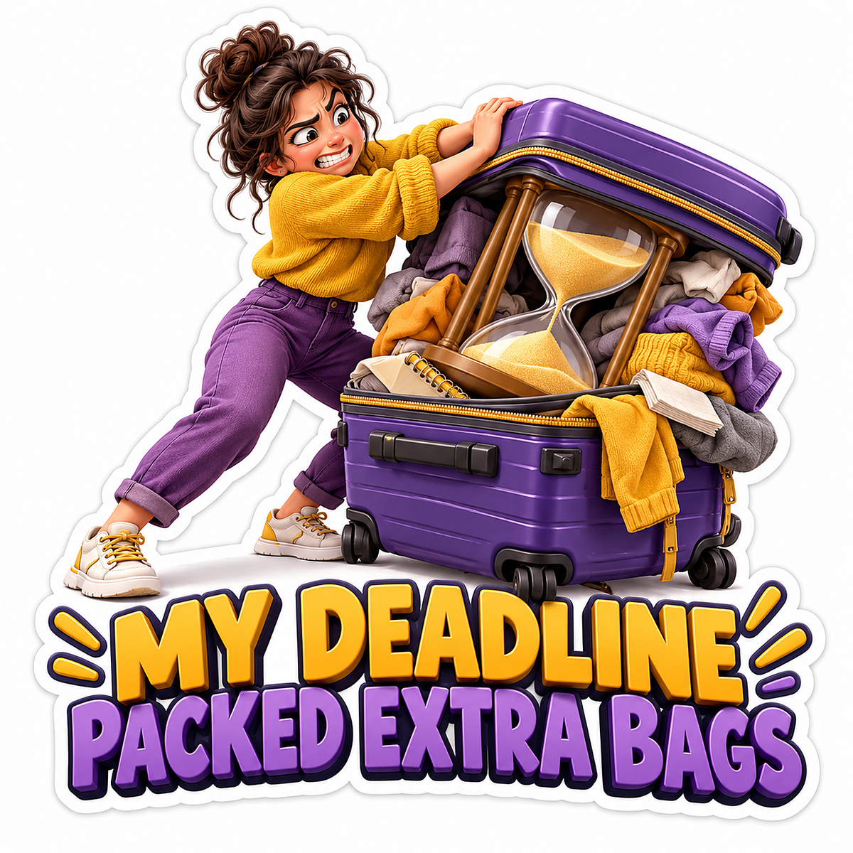 Woman Overfilled Suitcase Deadline Quote Vinyl Decal Stickers