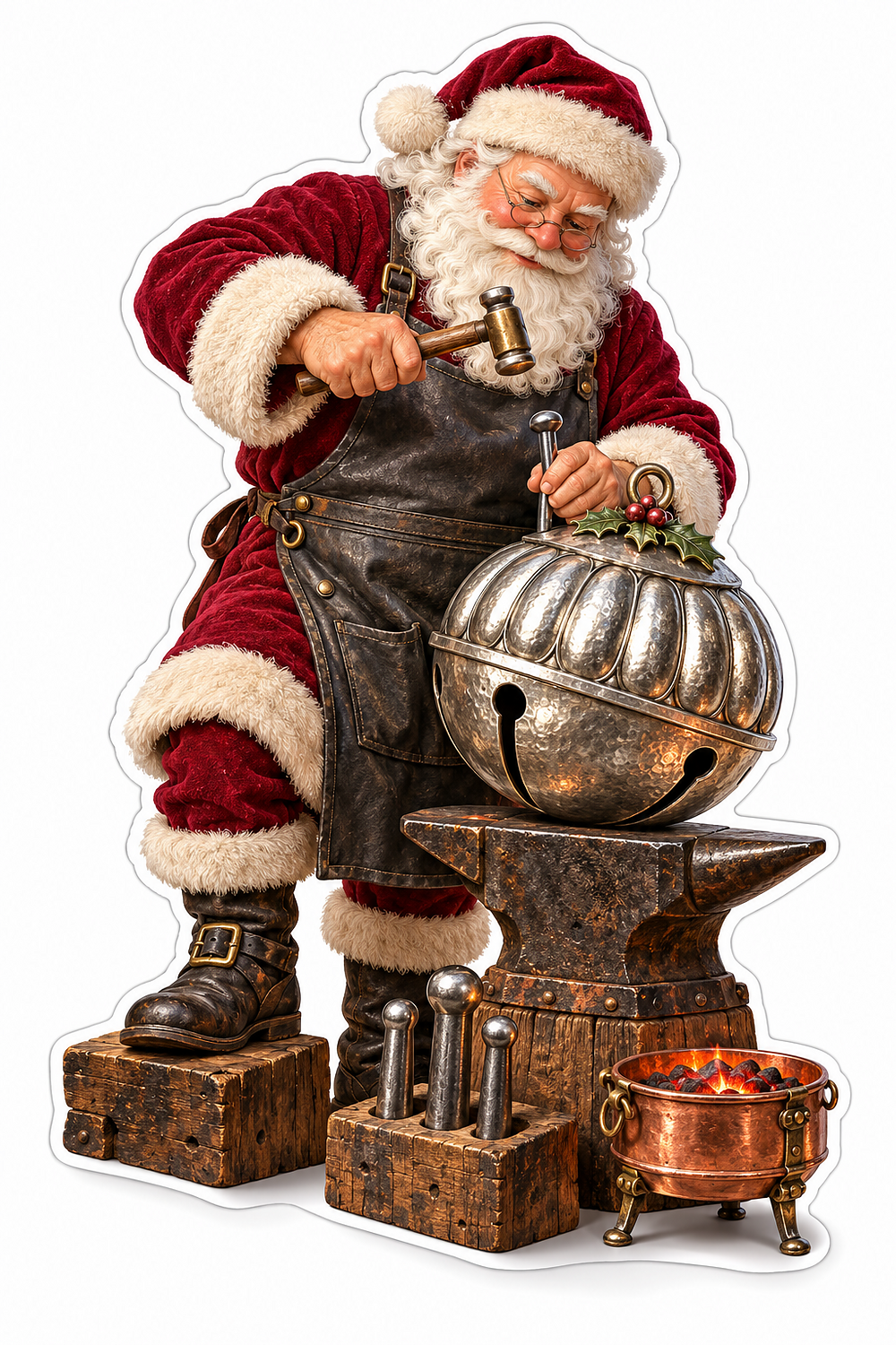 Santa Hammering a Large Silver Bell on an Anvil Vinyl Decal Stickers