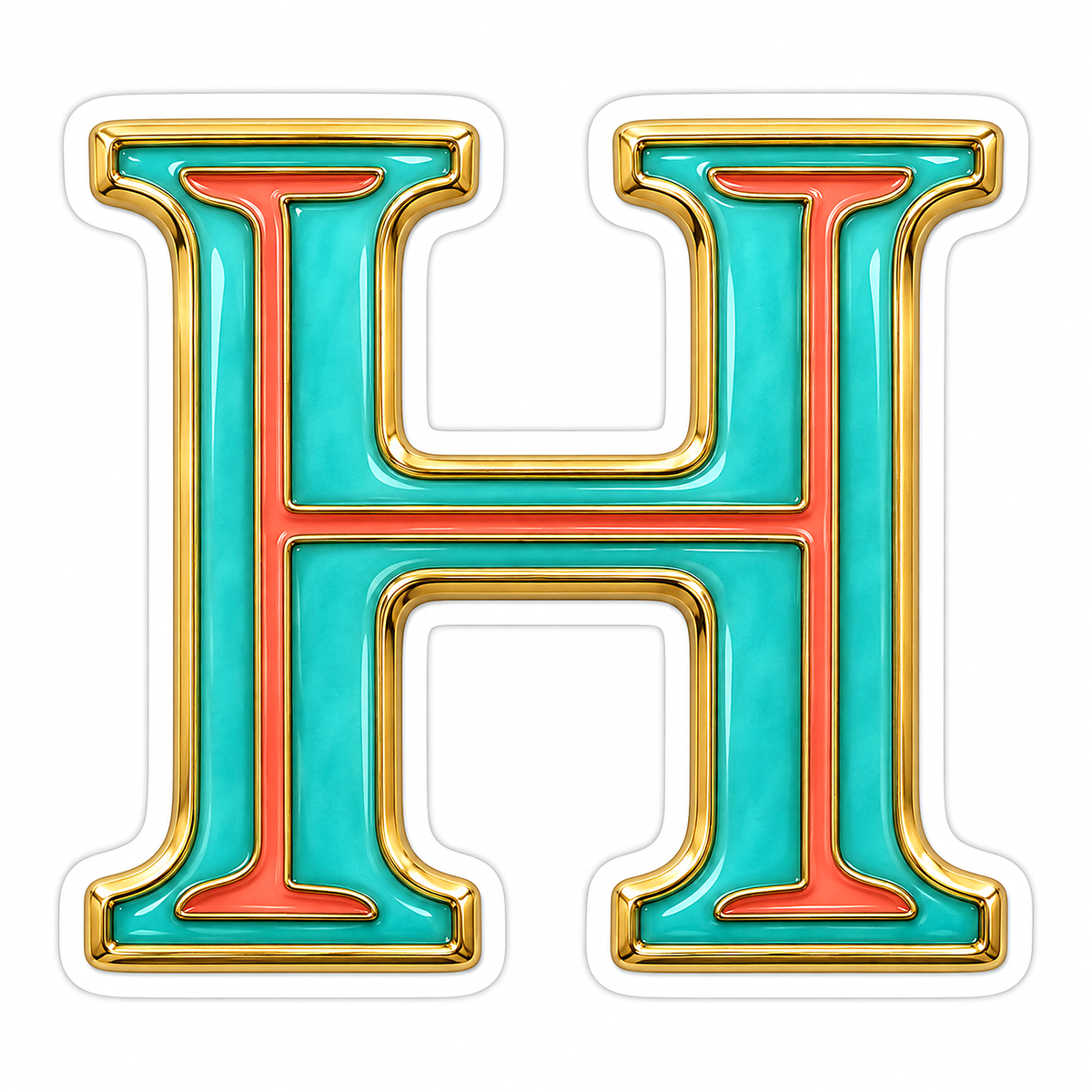 Aquamarine Coral Gold Border Letter H Vinyl Decal Stickers