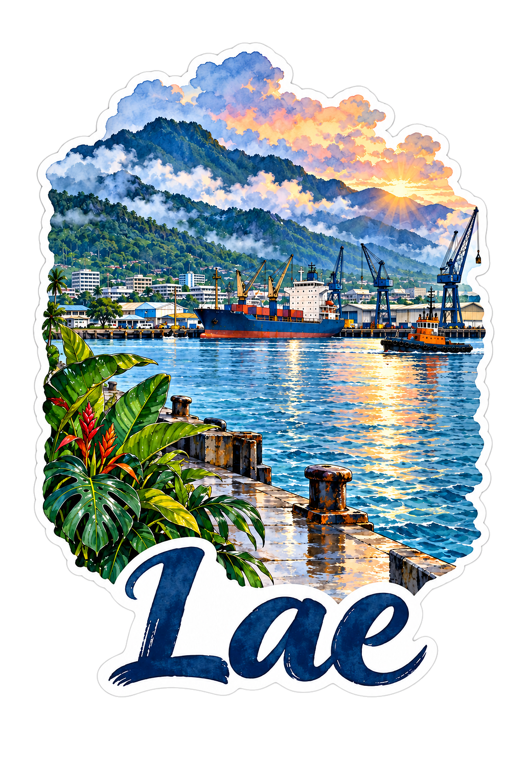 Lae Harbor with Mountain Clouds Art Vinyl Decal Stickers