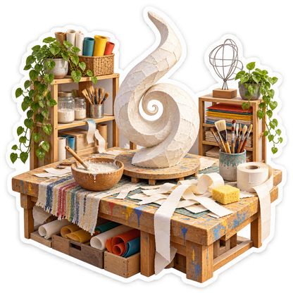 White Spiral Sculpture on Paper Craft Bench Art Vinyl Decal Stickers