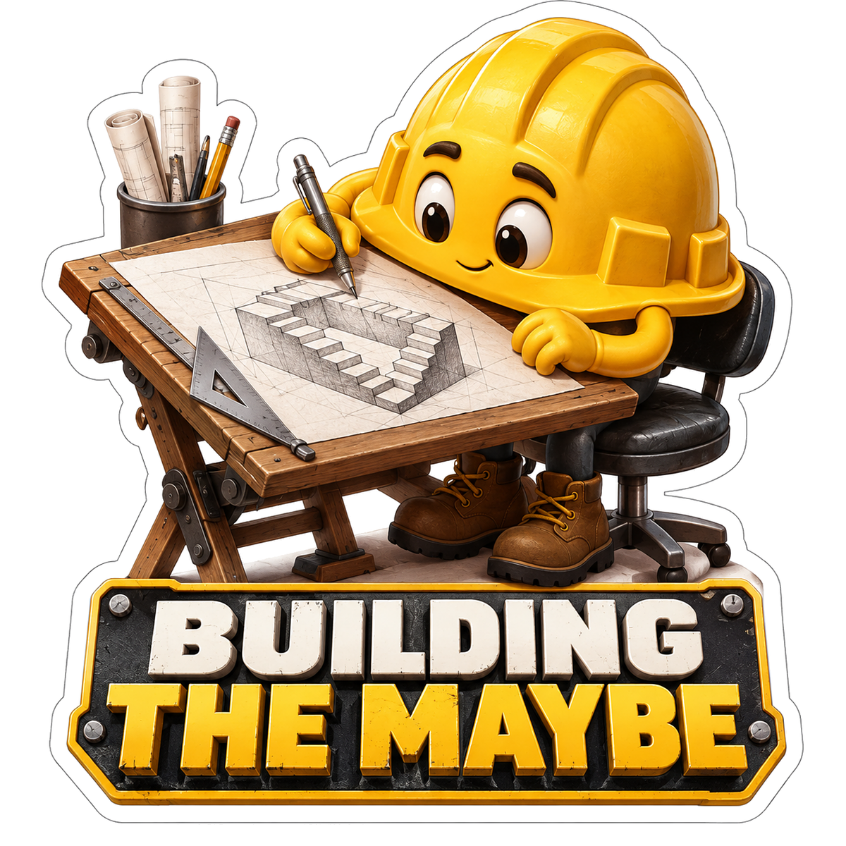 Yellow Hard Hat Drawing at a Drafting Desk Vinyl Decal Stickers