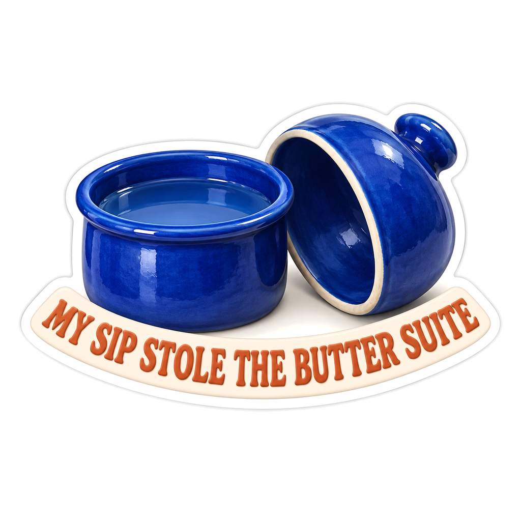 Cobalt Ceramic Butter Pot with Sip Quote Vinyl Decal Stickers