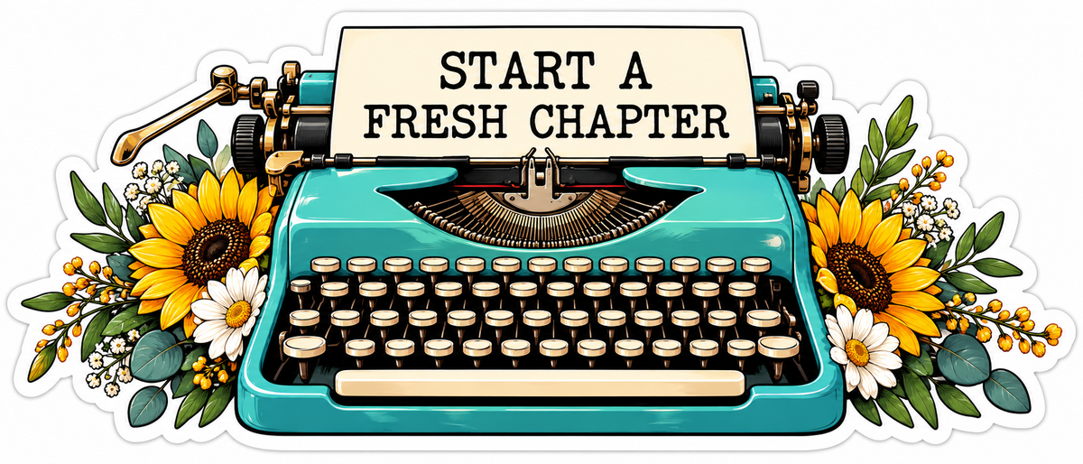Teal Typewriter with Fresh Chapter and Flowers Vinyl Decal Stickers