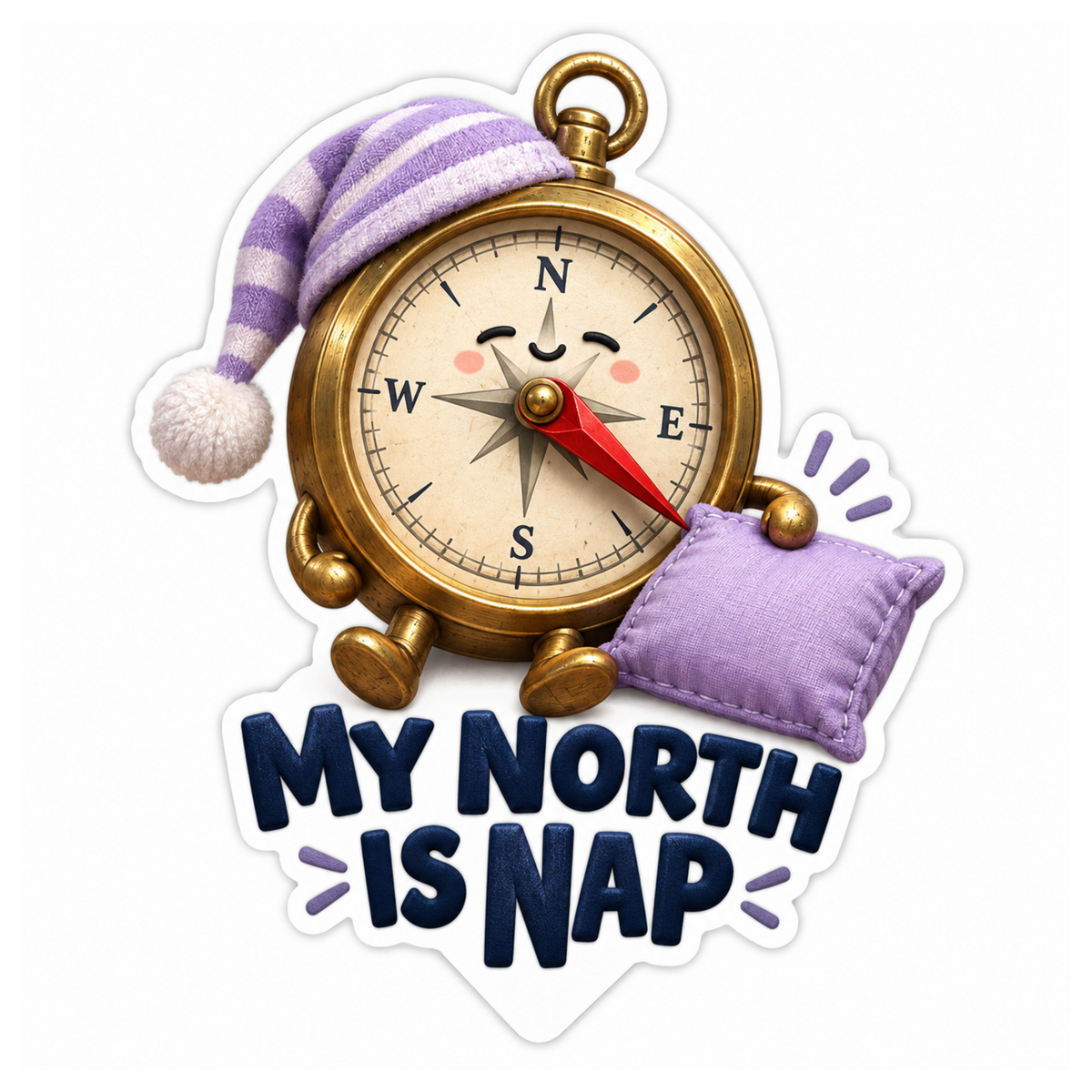 Sleepy Compass with Purple Pillow Art Vinyl Decal Stickers