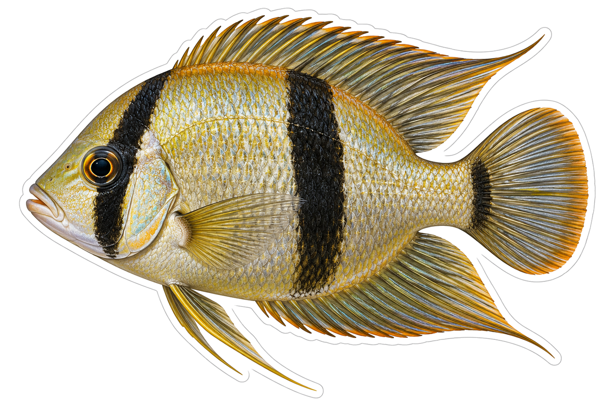 Gold Cichlid with Bold Black Vertical Bands Art Vinyl Decal Stickers