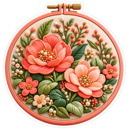 Coral Embroidery Hoop With Raised Flowers Art Vinyl Decal Stickers