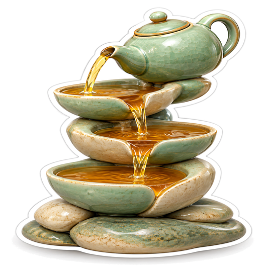 Green Teapot Pouring into Tiered Stone Bowls Vinyl Decal Stickers