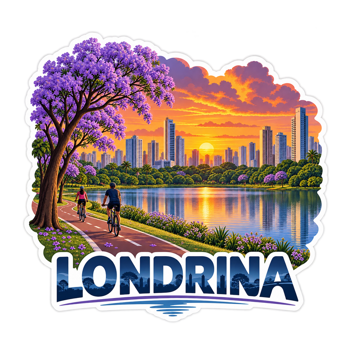 Londrina Lake Sunset and Cyclists Art Vinyl Decal Stickers