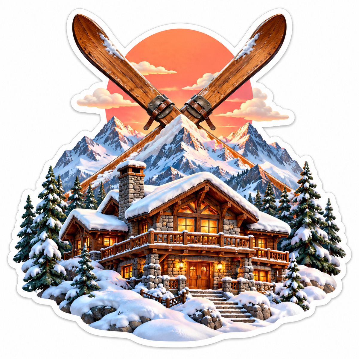 Snowy Cabin with Crossed Skis and Sunset Vinyl Decal Stickers
