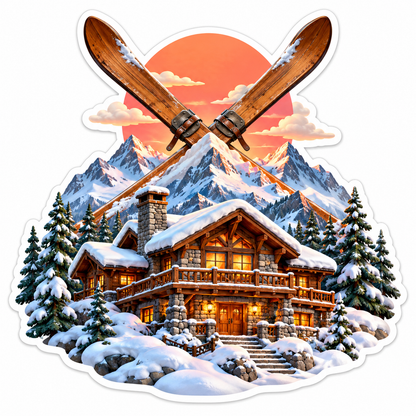 Snowy Cabin with Crossed Skis and Sunset Vinyl Decal Stickers