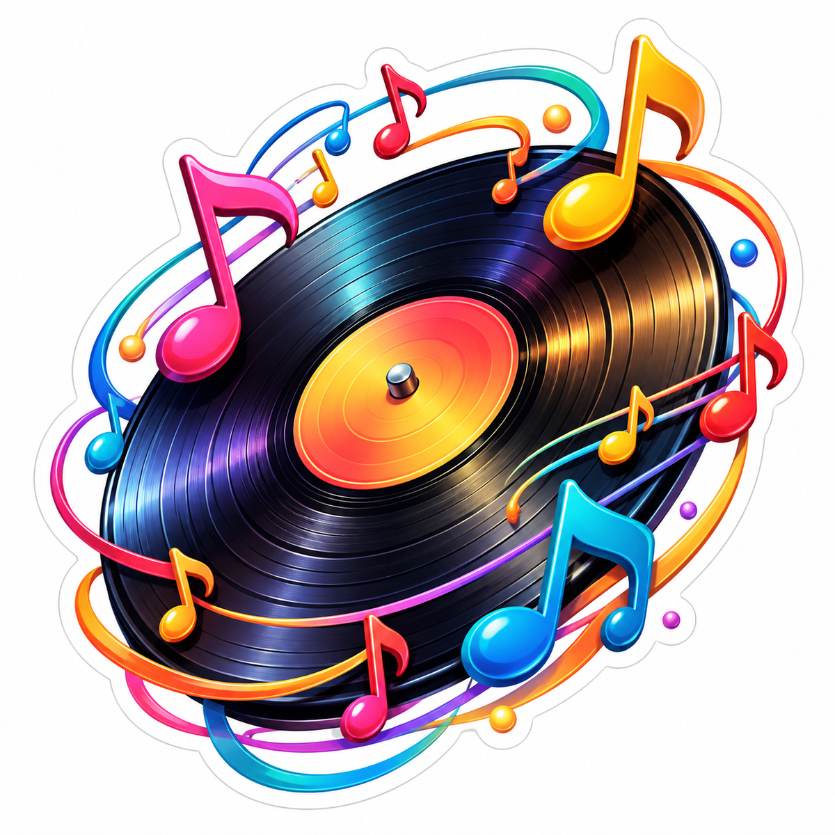 Black Record with Colorful Musical Notes Vinyl Decal Stickers