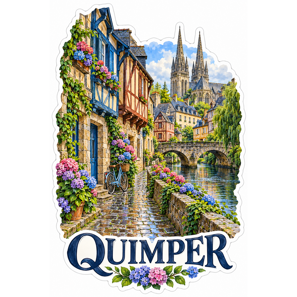 Quimper Flower Lined Canal and Cathedral Vinyl Decal Stickers